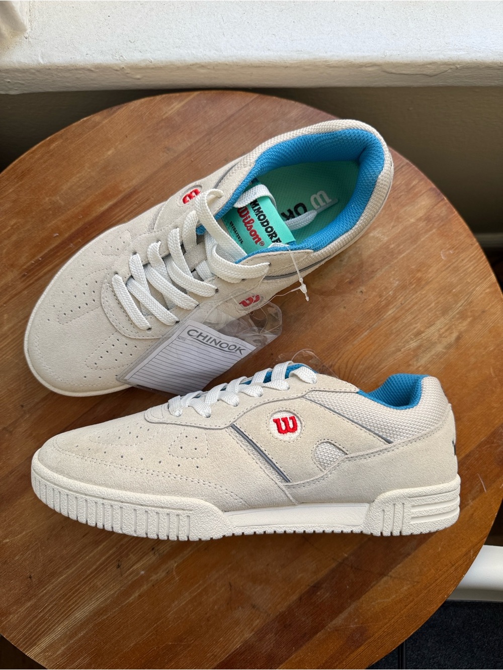 Wilson Men’s Cream Suede Tennis Sneakers with Blue Interior and Red Logo